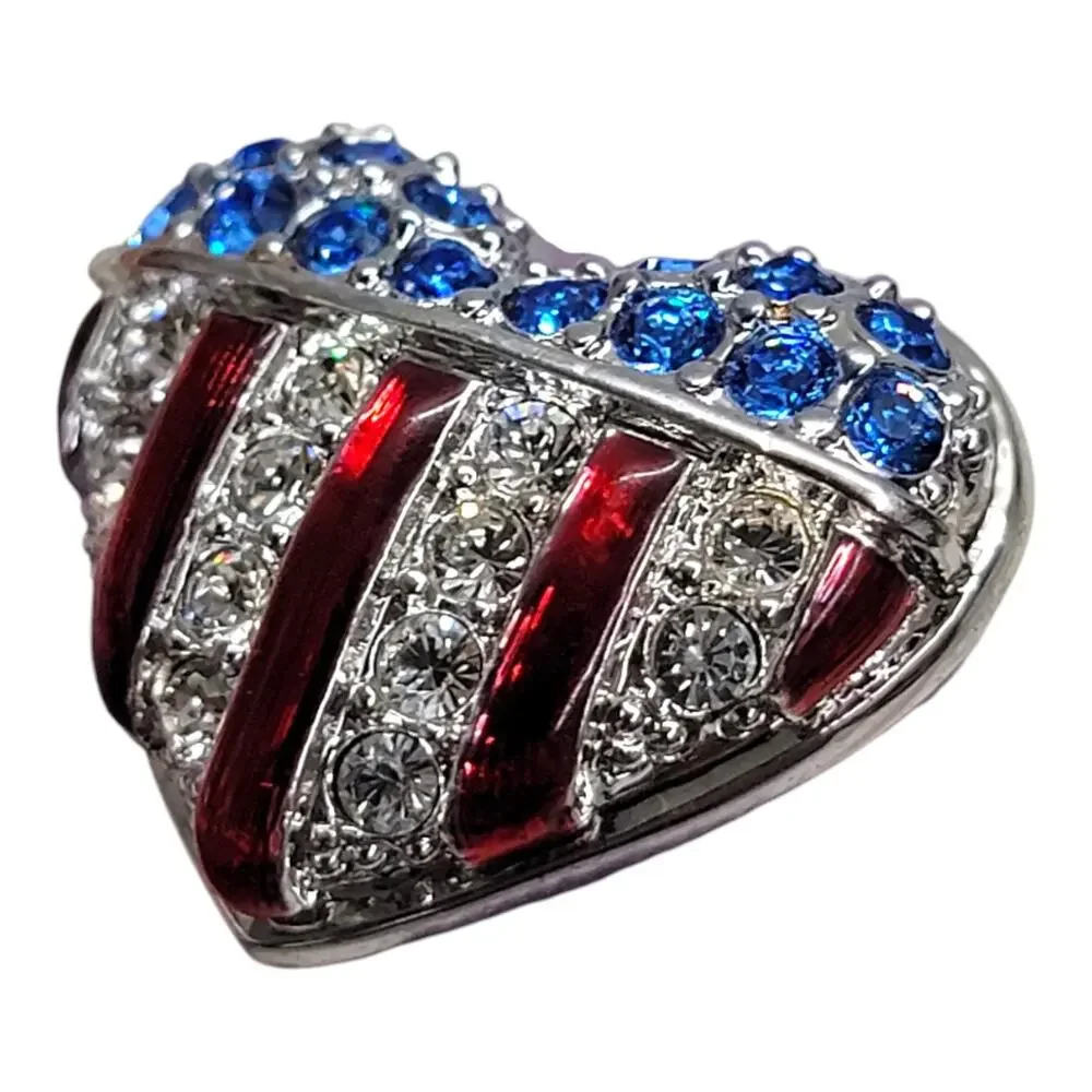 Swarovski Crystal Patriotic USA Flag Heart Lapel Pin Brooch Red White Blue Swan